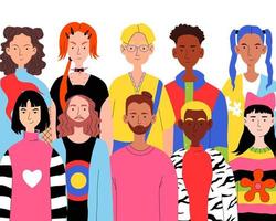 grupo diverso de personas de diferente género y etnia. concepto de comunidad. estilo callejero, moda, hipster. ilustración plana vectorial. vector