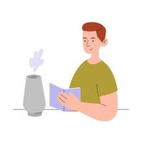 Man with book. Concept air purifier in home. Vector flat illustration.