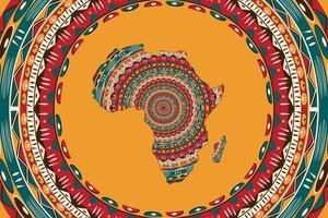 mapa estampado de áfrica y motivos étnicos enmarcados. banner con patrón africano tribal tradicional grunge, elementos, diseño conceptual. vector aislado sobre fondo naranja