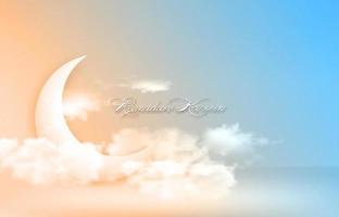 símbolo islámico árabe de la luna creciente ramadan kareem en el concepto del cielo para el festival de la comunidad musulmana. Ilustración de vector de plantilla de banner sobre fondo de cielo colorido