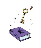 Illustration of a closed book and key. Vector. Flat style. Illustration for poster, print and website. The discovery of new knowledge. Tutorial. vector