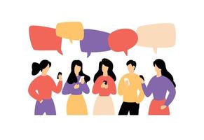 Illustration of communicating people. Vector illustration. Image is isolated on white background. Flat style, businessmen discuss social network, news, social networks, chat, dialogue, comic bubbles.