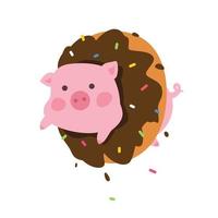 ilustración de un cerdo de dibujos animados en un donut. vector. estilo plano lindo cerdo, la mascota de la empresa. cerdo y dulces. carácter para envases y productos. entrega de comida rápida. comida sabrosa. vector