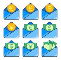 conjunto de correo con iconos de archivos adjuntos de dinero y monedas vector