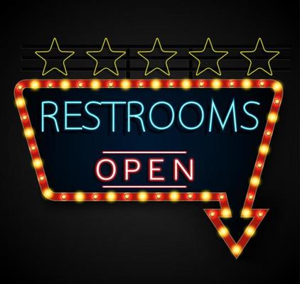 Shining retro light banner restrooms on a black background
