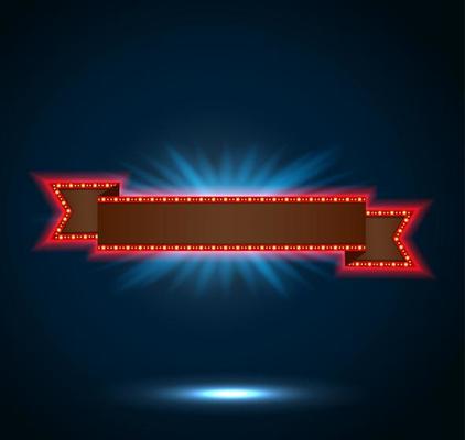 Ribbon retro background light banner with light bulbs on the contour