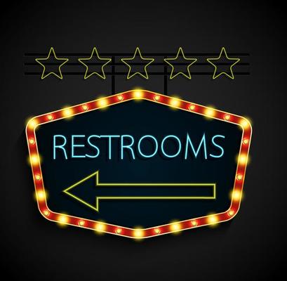 Shining retro light banner restrooms on a black background