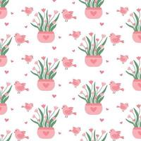 Seamless pattern with pink flowers in a pot. Spring pattern with flowers with hearts.Vector illustration in a flat style. vector