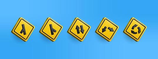 3D yellow Warning traffic sign icon collection set. Editable vector illustration of directions traffic sign