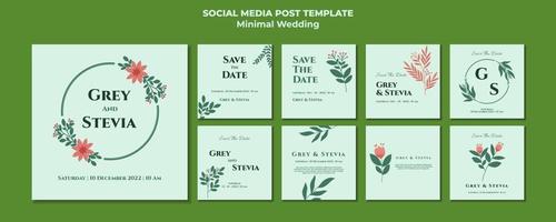 Minimal wedding invitation template for social media post with simple abstract background and flat vector floral ornament and soft pastel color