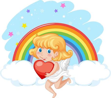 Angel girl holding red heart on rainbow background