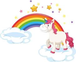 Pink unicorn standing on a cloud with rainbow vector