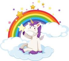 un unicornio sentado en una nube con arcoiris vector