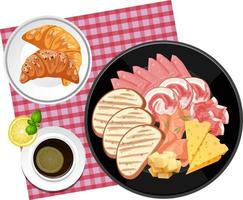 Top view food set, croissant and placemat on white background vector