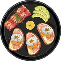 Top view food, egg benedict with black plate on white background vector