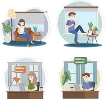 Four scenes with people working from home vector