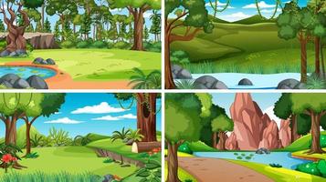 cuatro escenas con rio en el bosque vector