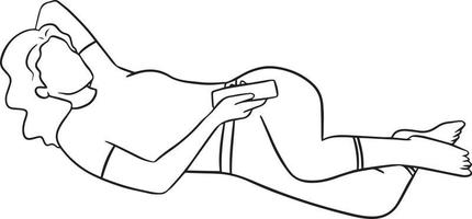 contorno vectorial de una mujer con cara irreconocible que está acostada con control remoto de tv. vector