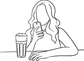 Vector drawing of a young woman drinking coffe and looking at her phone with unrecognizable face.