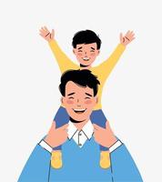 Happy little boy sits on the shoulders of the father. Concept of a friendly family. vector