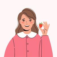 Concept of choosing a healthy diet. Young woman is holding a large strawberry in her hands vector