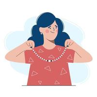 Woman in a red dress puts a necklace around her neck. vector