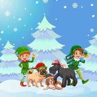 Christmas poster design with two elves and dogs on snowy background vector