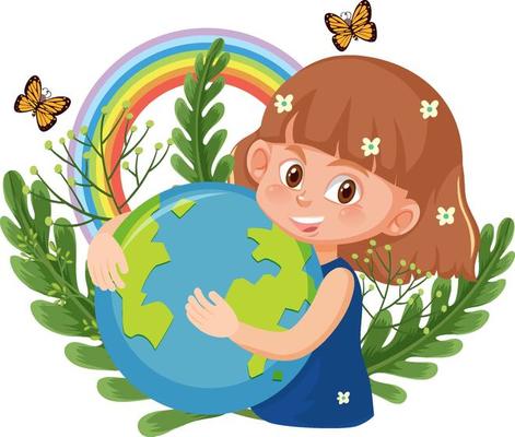 A girl hugging earth globe in cartoon style