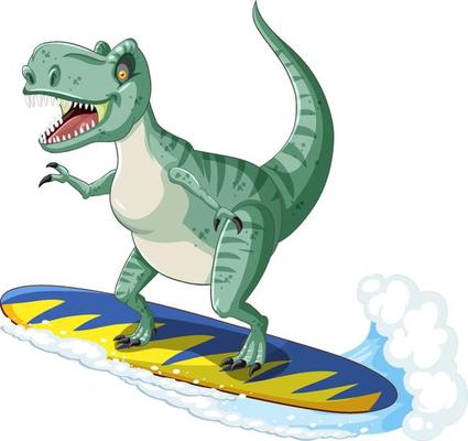 Tyrannosaurus rex dinosaur on surfboard in cartoon style