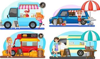 Flea market concept with set of different food trucks vector