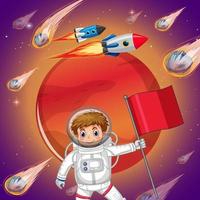 Astronaut kid in space with Mars planet and comets vector