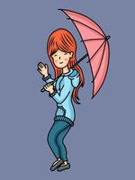 vector graphic illustration of a girl greeting while holding an umbrella for design needs or products such as children's books and others. simple flat illustration.