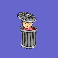 vector graphic illustration of child hiding in a trash can for design needs or products such as children's books and others. simple flat illustration.