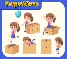 wordcard de preposición con niña y cajas vector