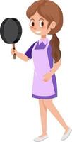 A woman holding a pan wearing apron cartoon character on white background vector