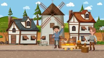 Medieval town scene with villagers vector