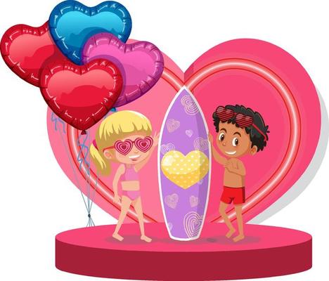 Two kids in swimsuit with surfboard on heart stage