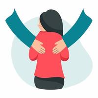 Woman covers face with hands and cries. Friendship and embrace. Support. Vector character in cartoon style. Sympathy, caring and empathy.