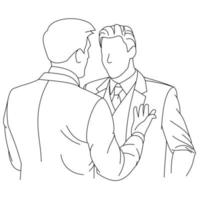 Illustration of line drawings men in suit or business partners discussing very well to find new idea that are suitable for your business or company to become more advanced isolated on white background vector