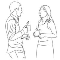 A couple of two young business laughing while drinking coffee with her partner during coffee break. Female and male discussing new project with her colleague while drinking coffee. Have a nice day vector