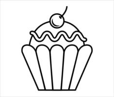 Cupcake icon illustration. Cute cartoon cupcake with cherry on top and wavy cream on it. Sweet cake outline, line art vector icon isolated on white background.