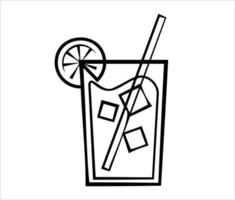 vaso con icono de jugo en color blanco y negro. icono de vector de bebida con cubitos de palo, limón y hielo.