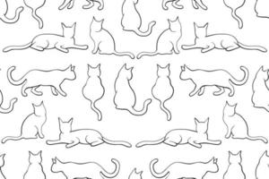 patrón de gato de contorno blanco y negro sin costuras. gatos con arte de línea delgada negra sobre fondo negro. gatos sin fisuras que repiten el patrón vectorial. vector