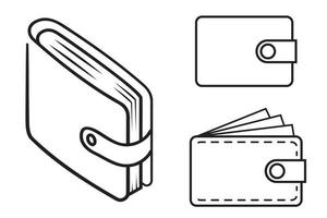 ilustración de cartera vectorial en blanco y negro. conjunto de iconos de billetera. ilustración del icono de contorno con línea delgada negra. icono de arte de línea aislado sobre fondo blanco vector