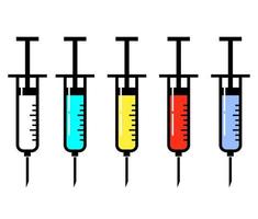 Vector syringe set with needles filled with colorful liquids. Vaccine colorful set isolated on white background.