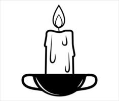 Melting, dripping candle illustration. Simple line art candle in a candleholder. Outline vector light equipment icon isolated on white background.