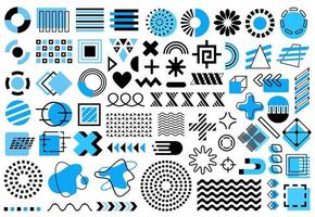 Black and blue memphis set. Simple geometric icons, symbols and patterns isolated on white background. Abstract shapes, geometric vector design elements