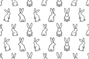 Seamless vector line art bunny repeating pattern. Outline vector bunnies with black thin line on white background. For Easter, postcards, invitations, children rooms, textile patterns and so on.