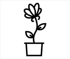 Flower black vector icon. Black cartoon line art flower logo. Flower in a vase outline doodle illustration.