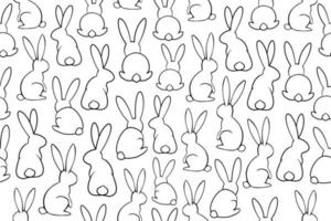 Seamless bunny pattern. Black and white wild bunnies in different position. Outline illustrations, vector line art rabbits with black thin line.